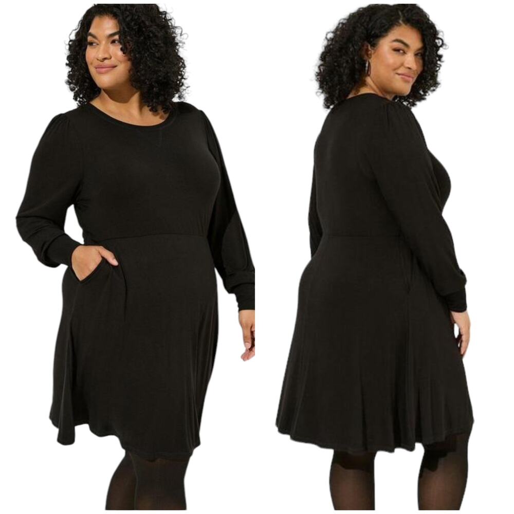 Torrid NWT Mini Super Soft Long Puff Sleeve Skater Dress Black Pockets Size 4X
